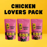 Three pink packages of 'Chicken Lovers Pack' dog treats on a yellow background